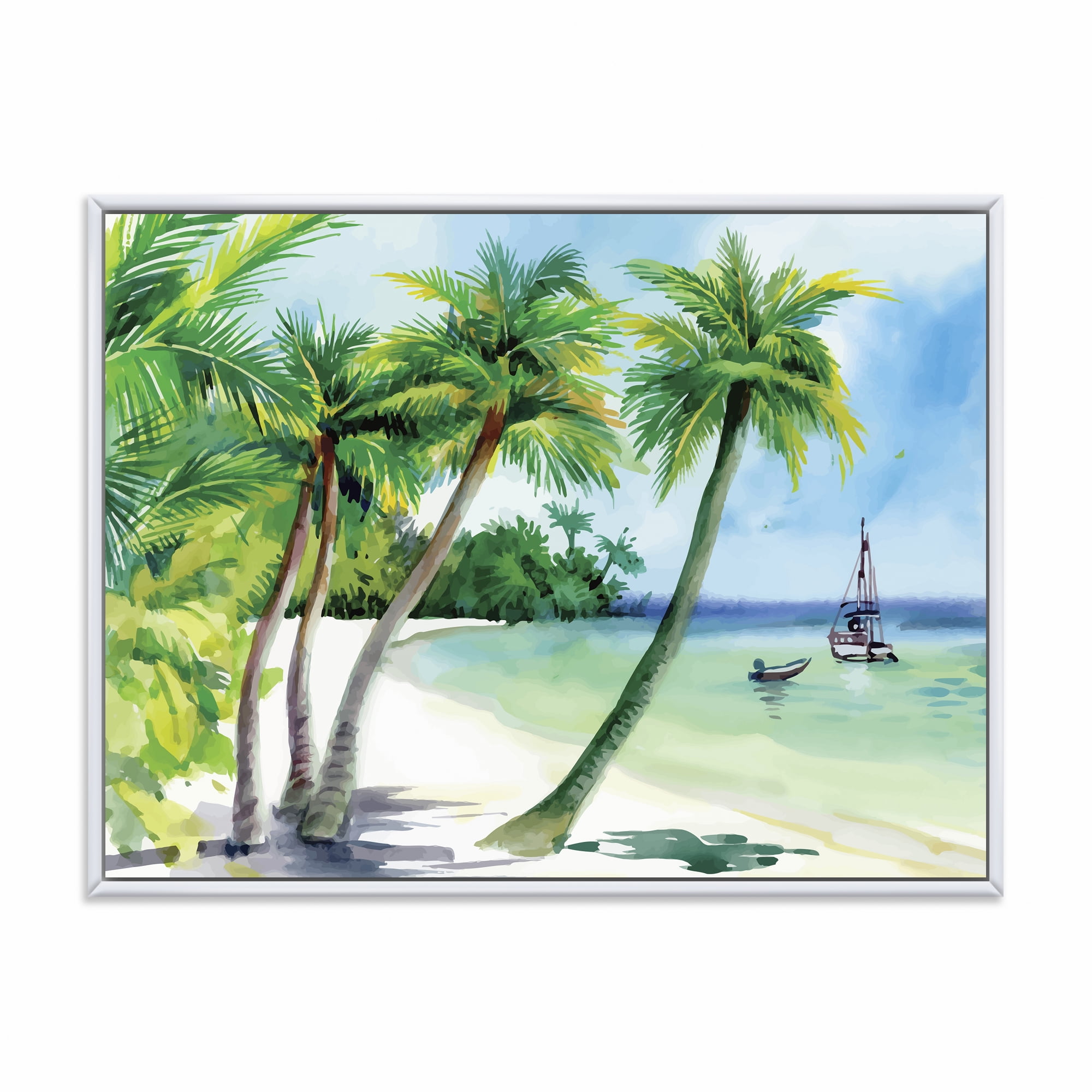 Designart 'Palm Trees With Summer Beach' Nautical & Coastal Framed Canvas Wall Art Print