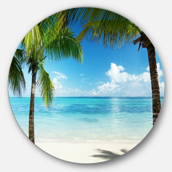 Designart 'Palm Trees and Sea' Disc Landscape Photography Circle Metal Wall Art