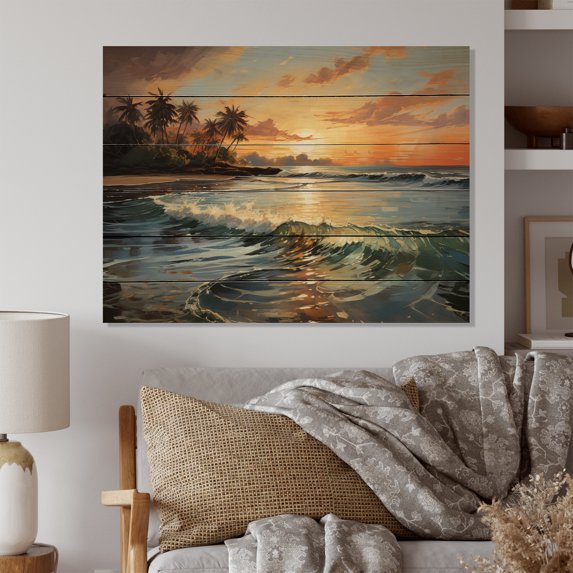Designart "Palm Trees love" Beach Print on Natural Pine Wood