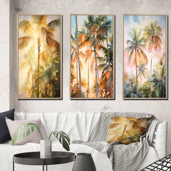 Designart "Palm Trees love expression II" Floral Framed Wall Art Set Of 3 - Yellow Palms & Palm Trees Frame Gallery Set For Office Decor