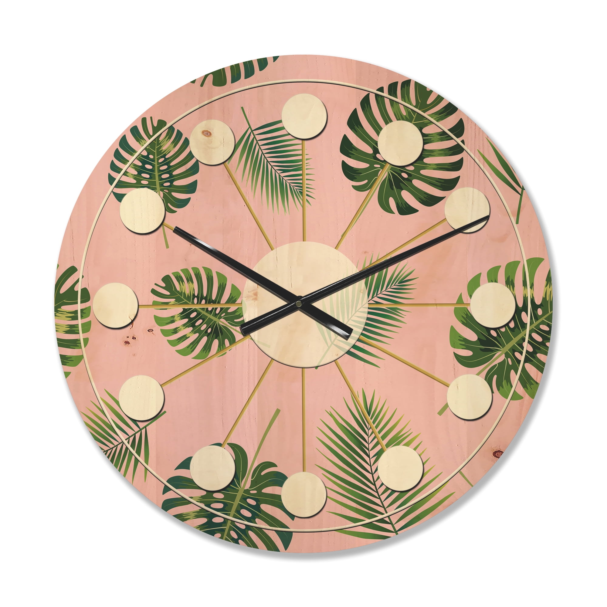 Designart 'Palm Tropical Leaves Retro Pattern' Mid-Century Modern Wood Wall Clock