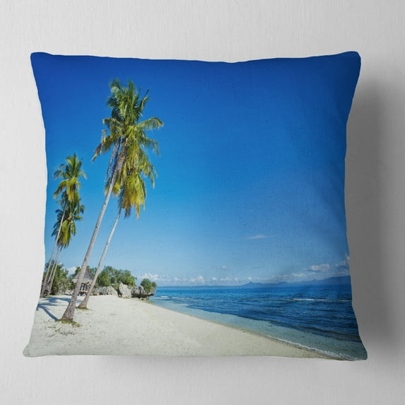 Designart Palms Bent to Beautiful Vacation Beach - Modern Seascape Throw Pillow - 18x18