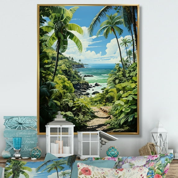 Designart "Palms at the Beach Tropical Serenity II" Floral Floater Framed Wall Art Print