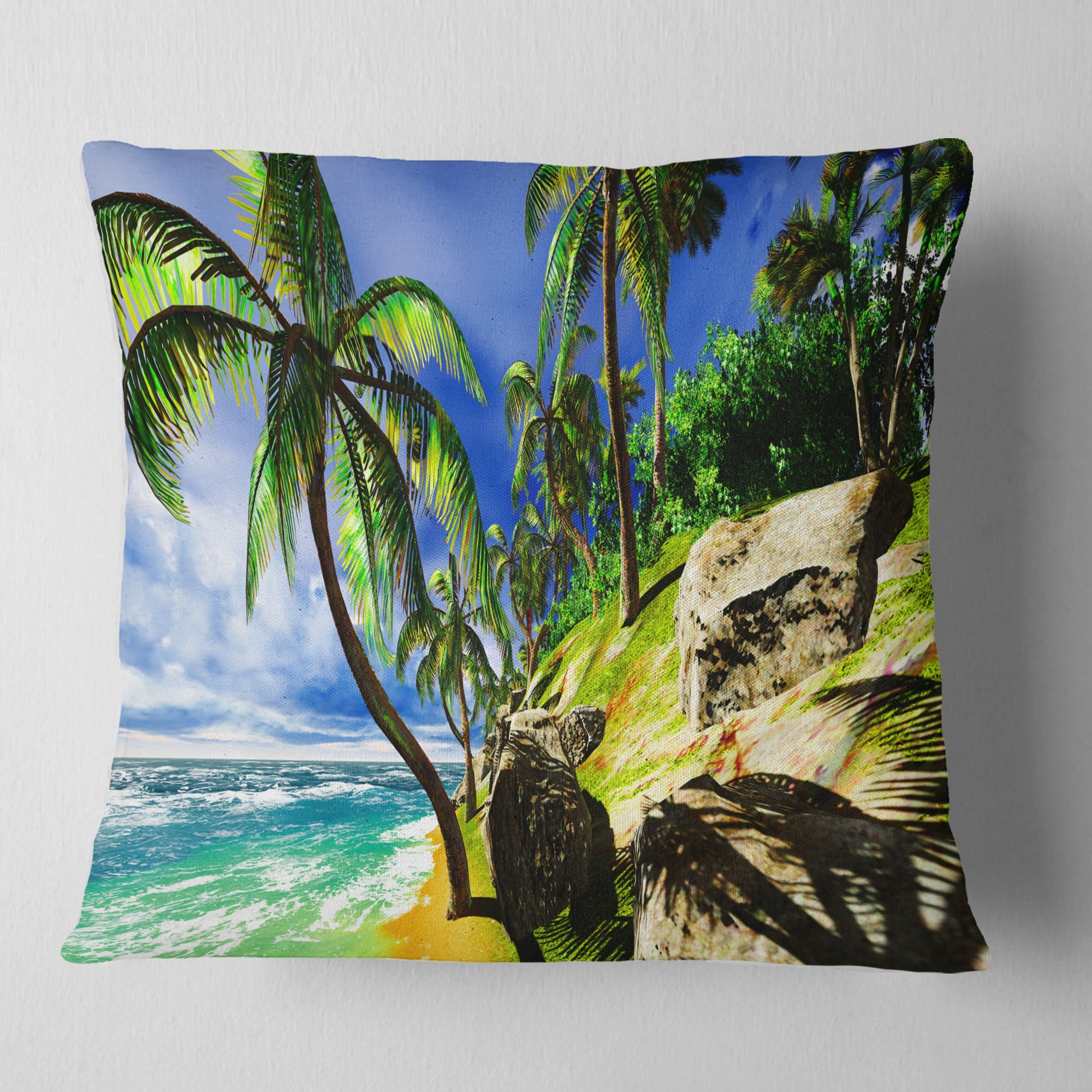 Designart Palms in Hawaii Island Beach - Modern Seascape Throw Pillow - 16x16