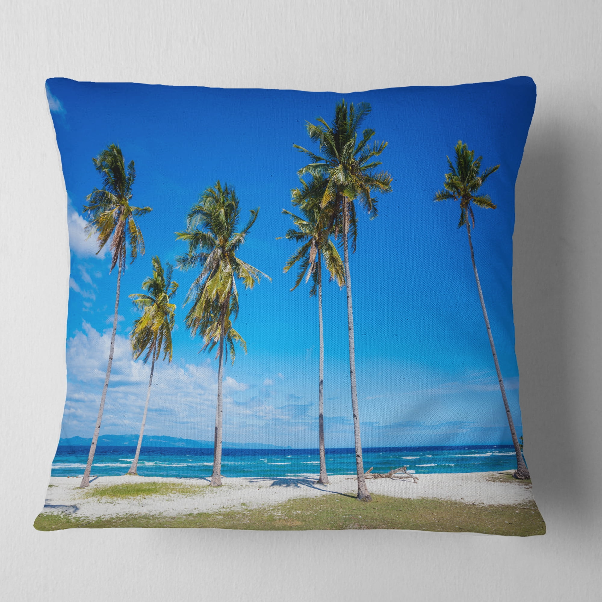 Designart Palms on Philippines Tropical Beach - Modern Seascape Throw Pillow - 18x18