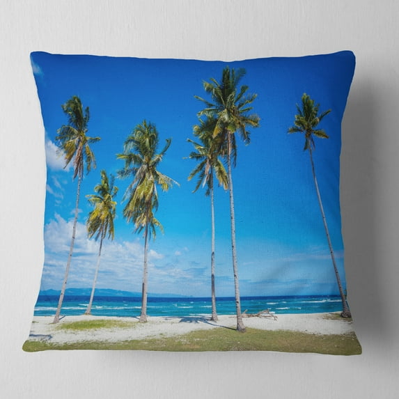 Designart Palms on Philippines Tropical Beach - Modern Seascape Throw Pillow - 18x18