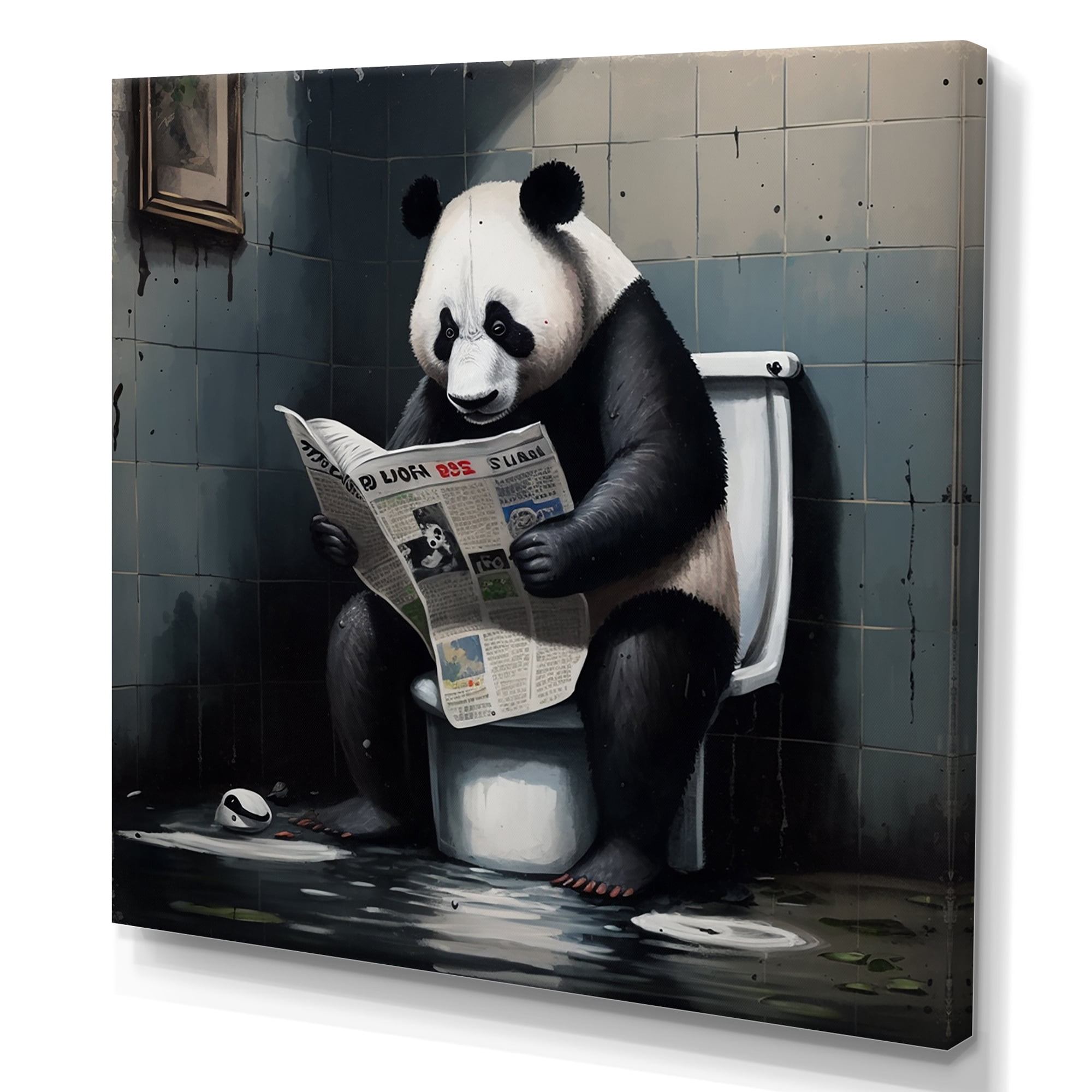 Designart Panda On Toilet Reading News Canvas Wall Art