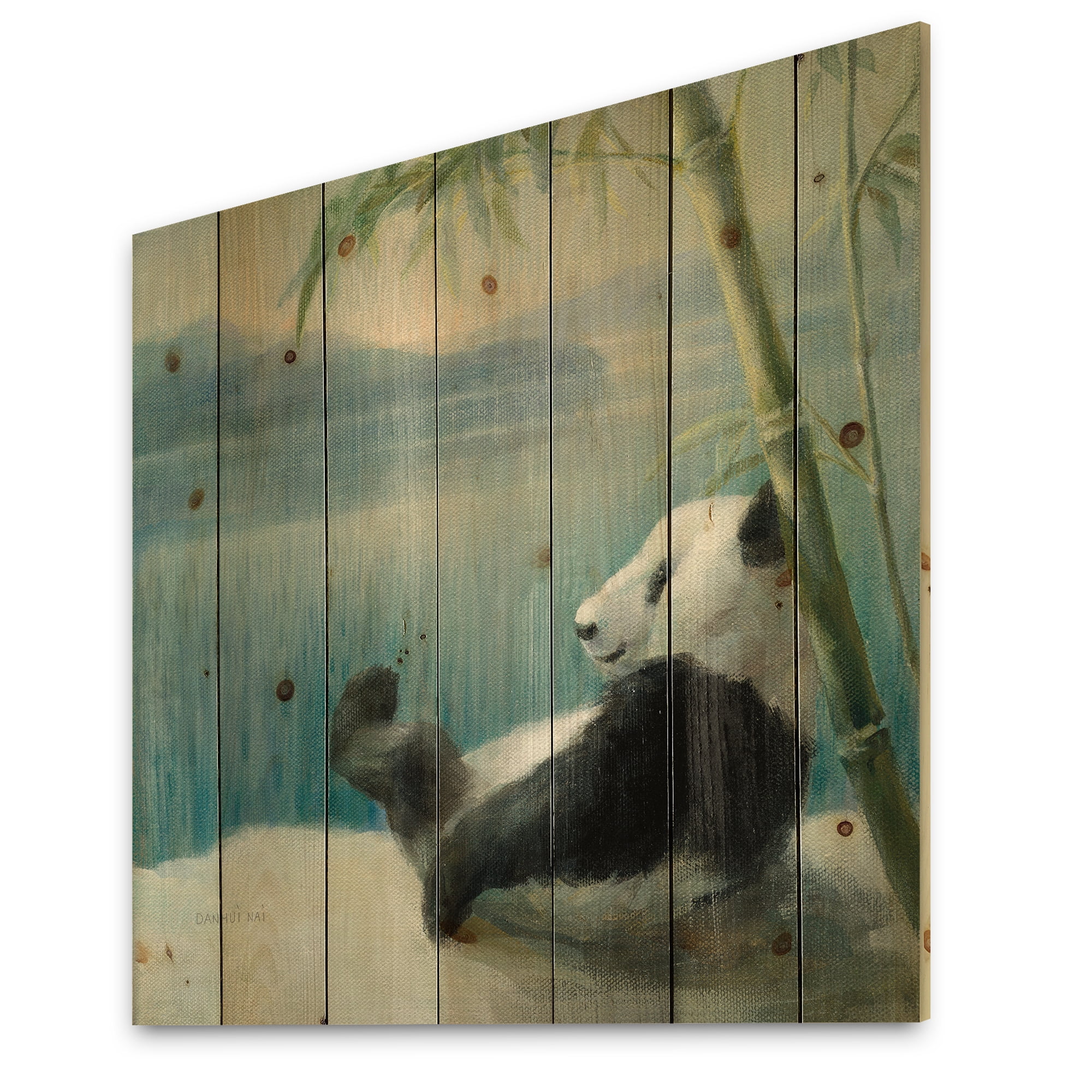 Designart 'Panda after a long day At Lake' Traditional Print on Natural Pine Wood