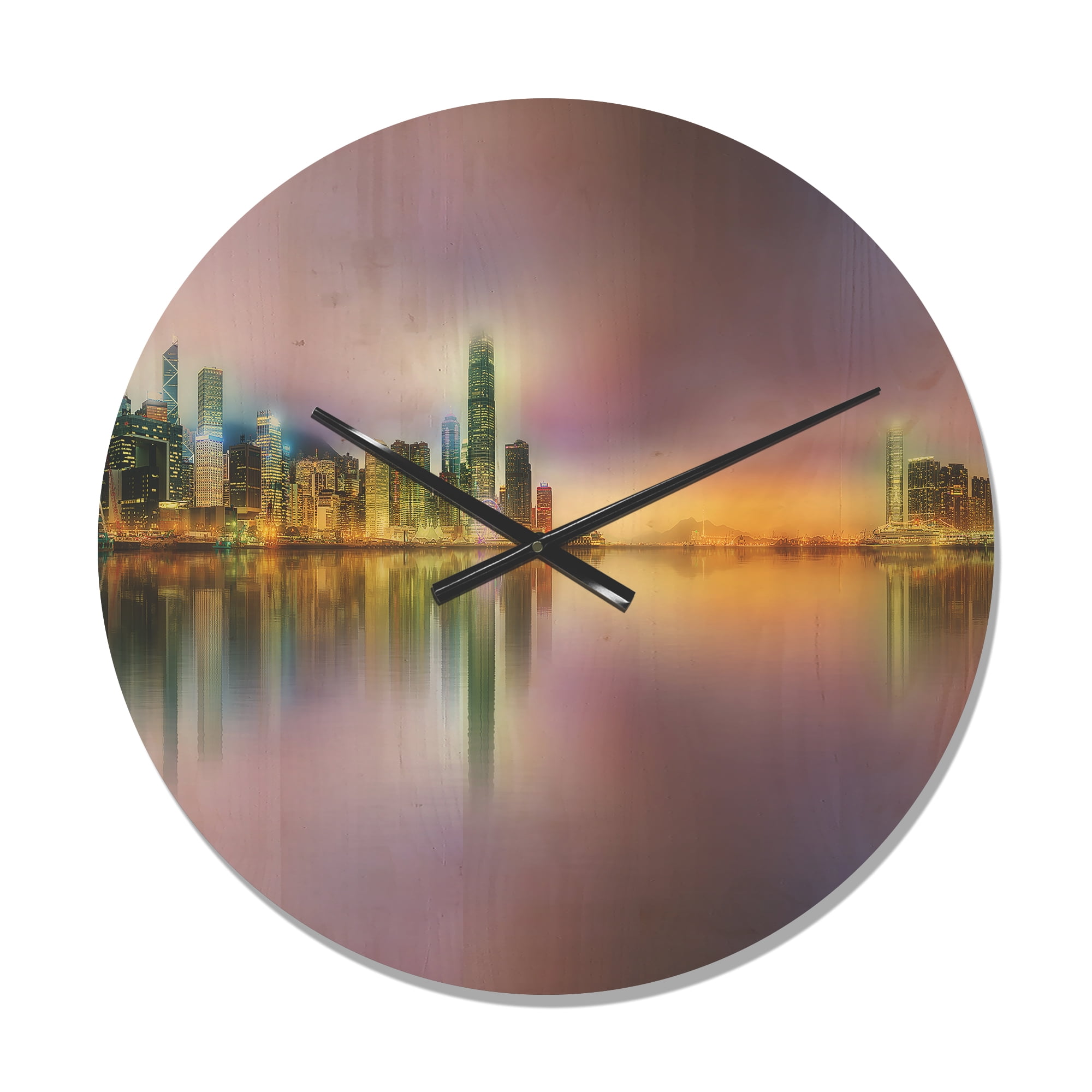 Designart 'Panorama Hong Kong at Twilight ' Industrial Wood Wall Clock