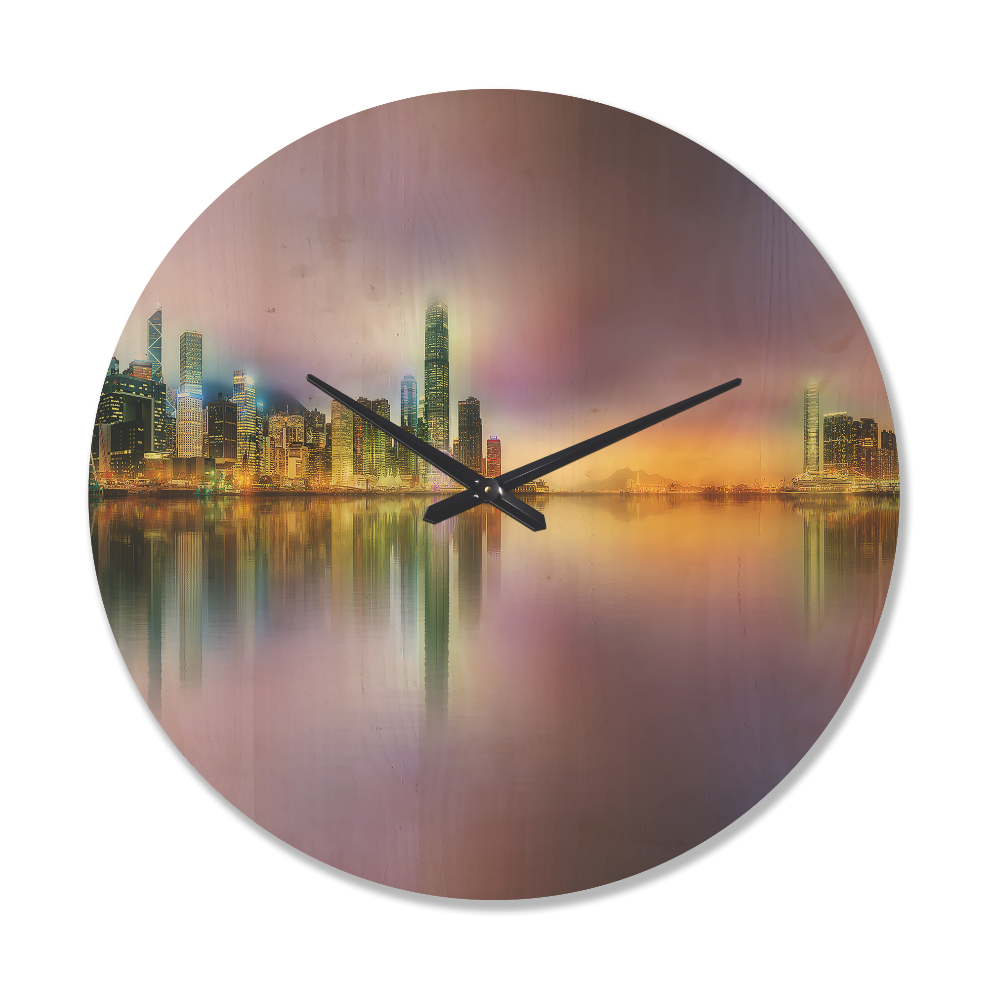 Designart 'Panorama Hong Kong at Twilight ' Industrial Wood Wall Clock