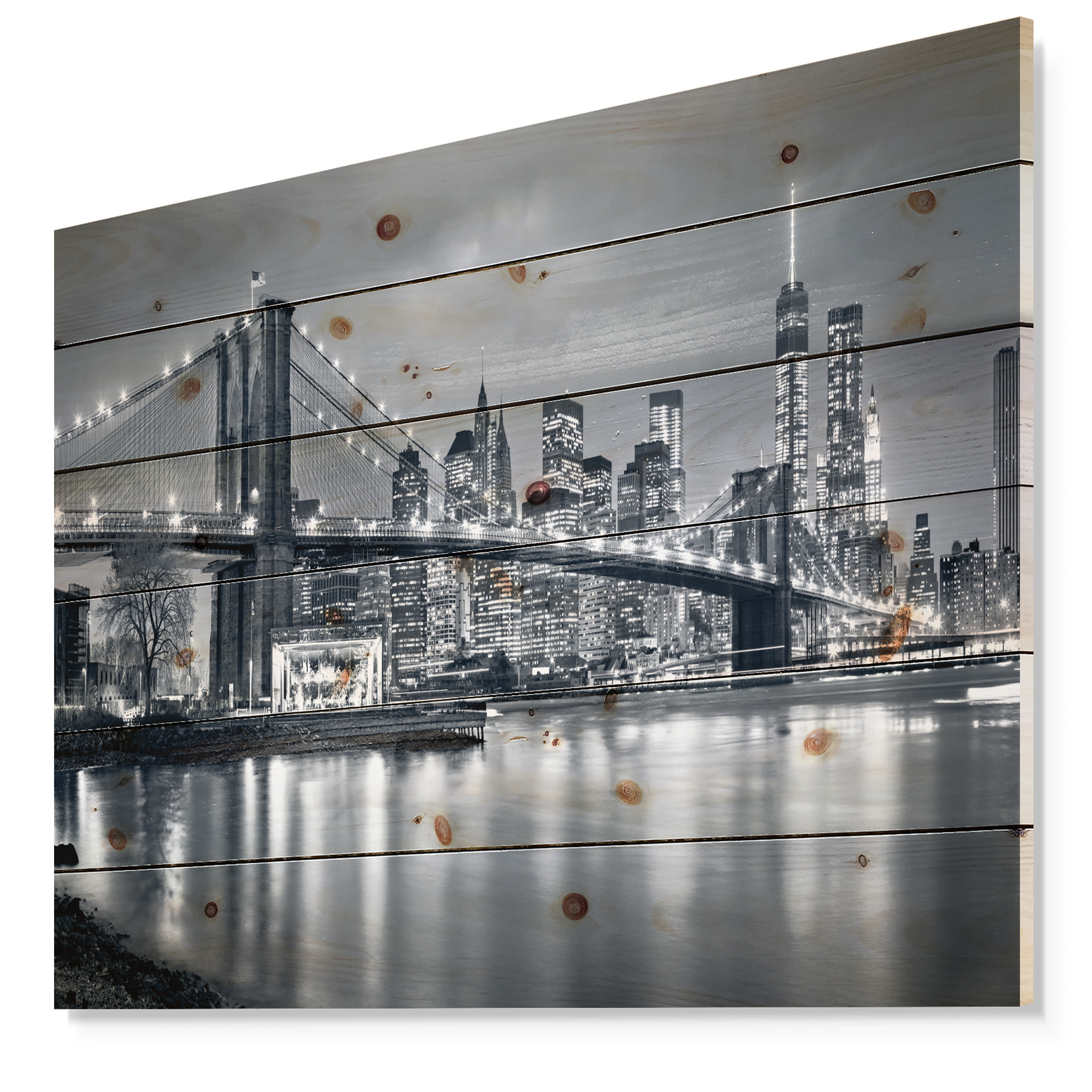 Designart 'Panorama New York City at Night' Cityscape Print on Natural Pine Wood