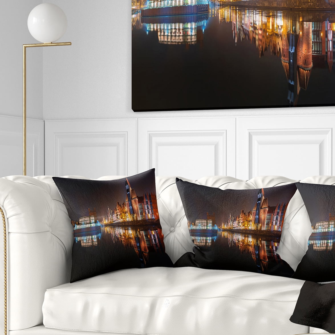 Designart Panorama of Gdansk Old Town - Landscape Photography Throw Pillow - 18x18
