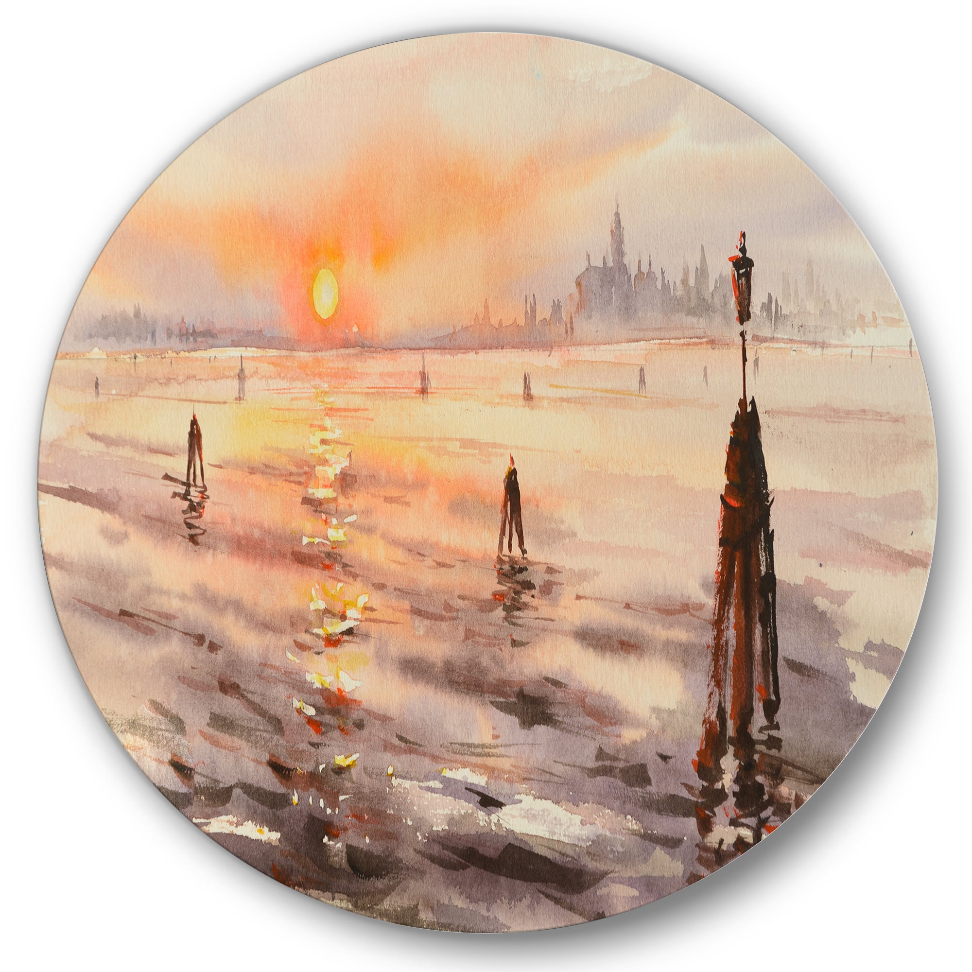 Designart 'Panorama of Venice Laguna Beach At Sunset' Nautical & Coastal Circle Metal Wall Art 36x36 - Disc of 36