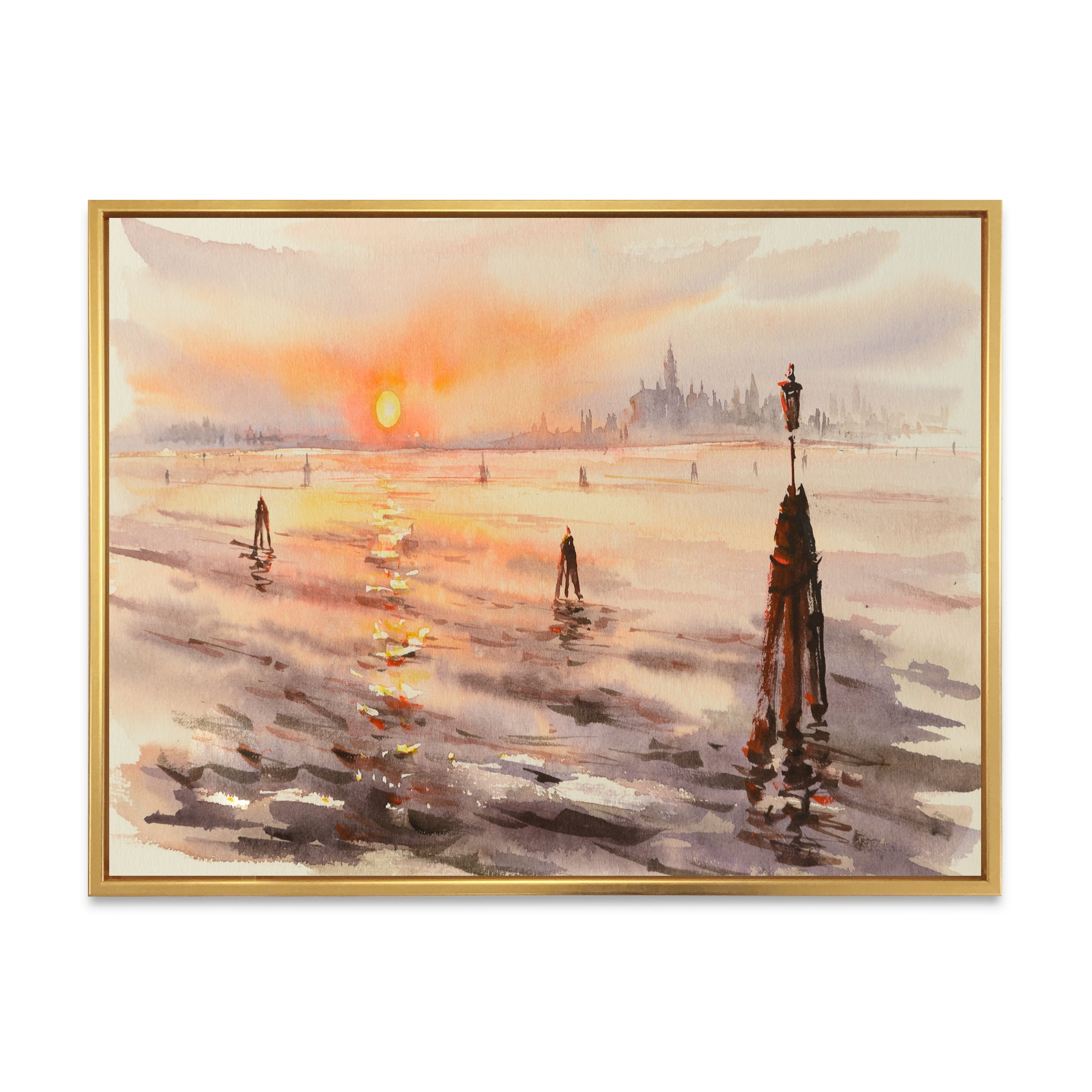 Designart 'Panorama of Venice Laguna Beach At Sunset' Nautical & Coastal Framed Canvas Wall Art Print