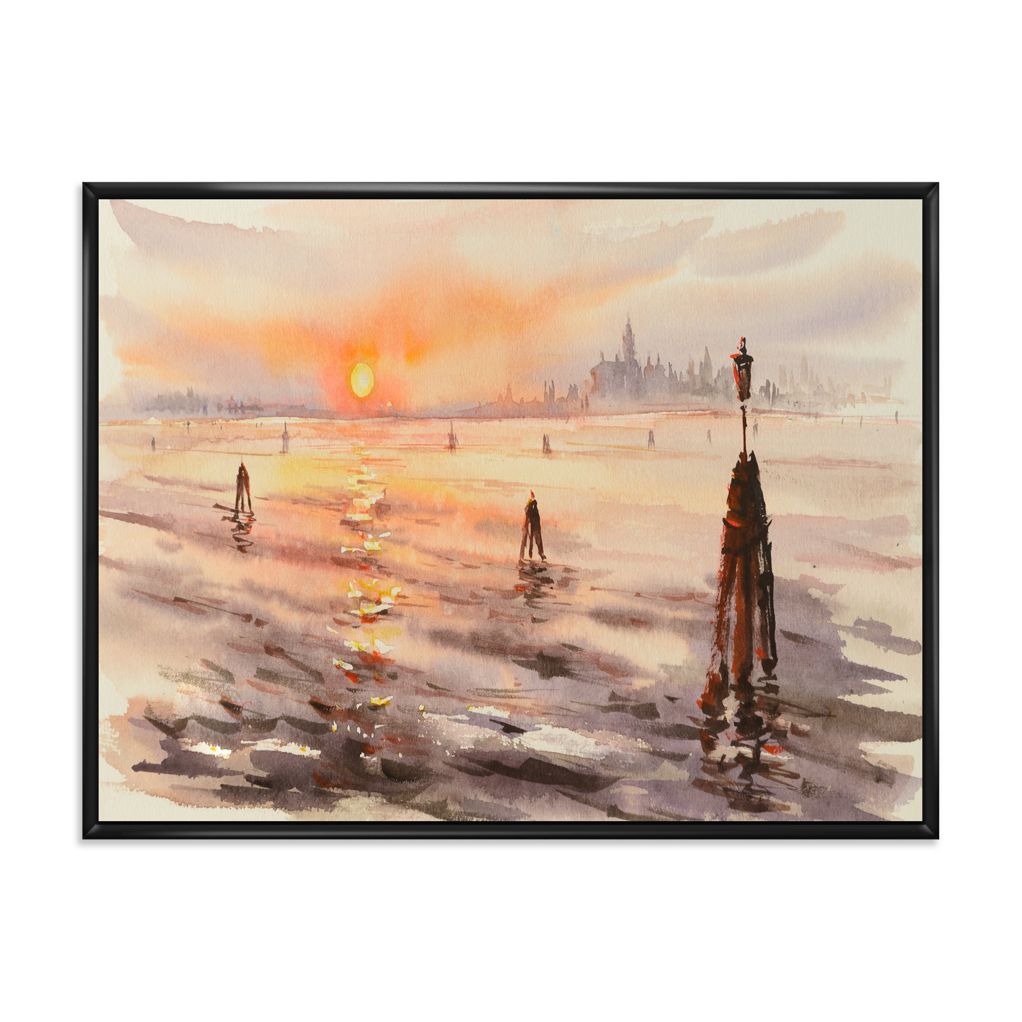 Designart 'Panorama of Venice Laguna Beach At Sunset' Nautical & Coastal Framed Canvas Wall Art Print