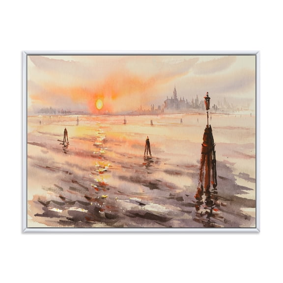 Designart 'Panorama of Venice Laguna Beach At Sunset' Nautical & Coastal Framed Canvas Wall Art Print