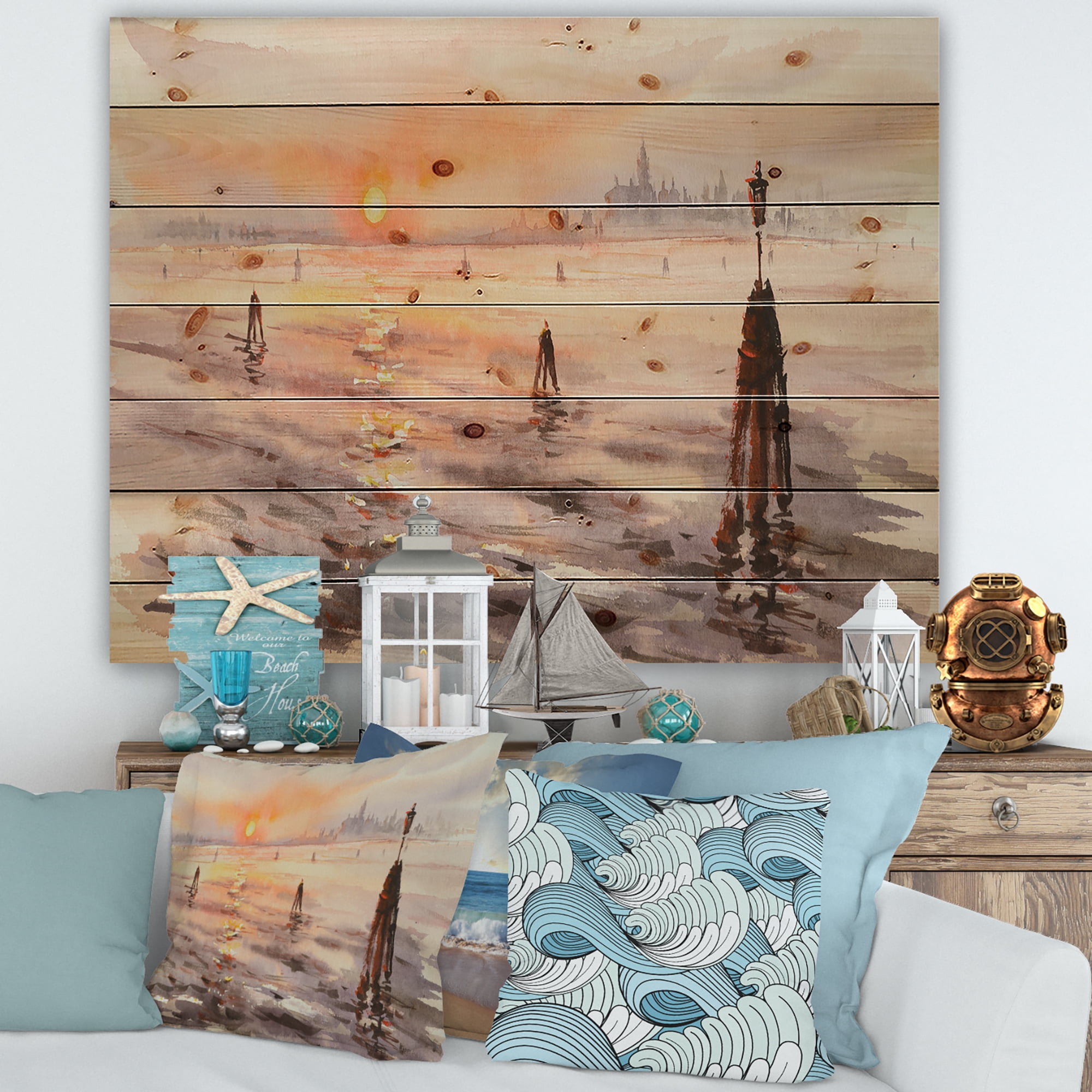 Designart 'Panorama of Venice Laguna Beach At Sunset' Nautical & Coastal Print on Natural Pine Wood