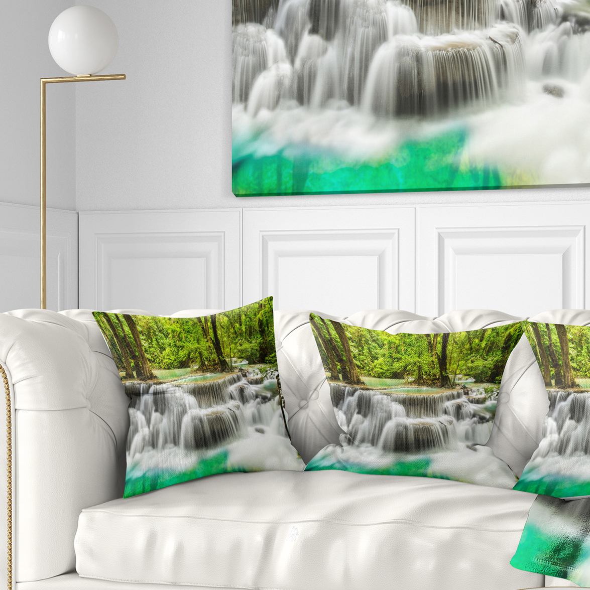 Designart Panoramic Erawan Waterfall - Landscape Photography Throw Pillow - 18x18