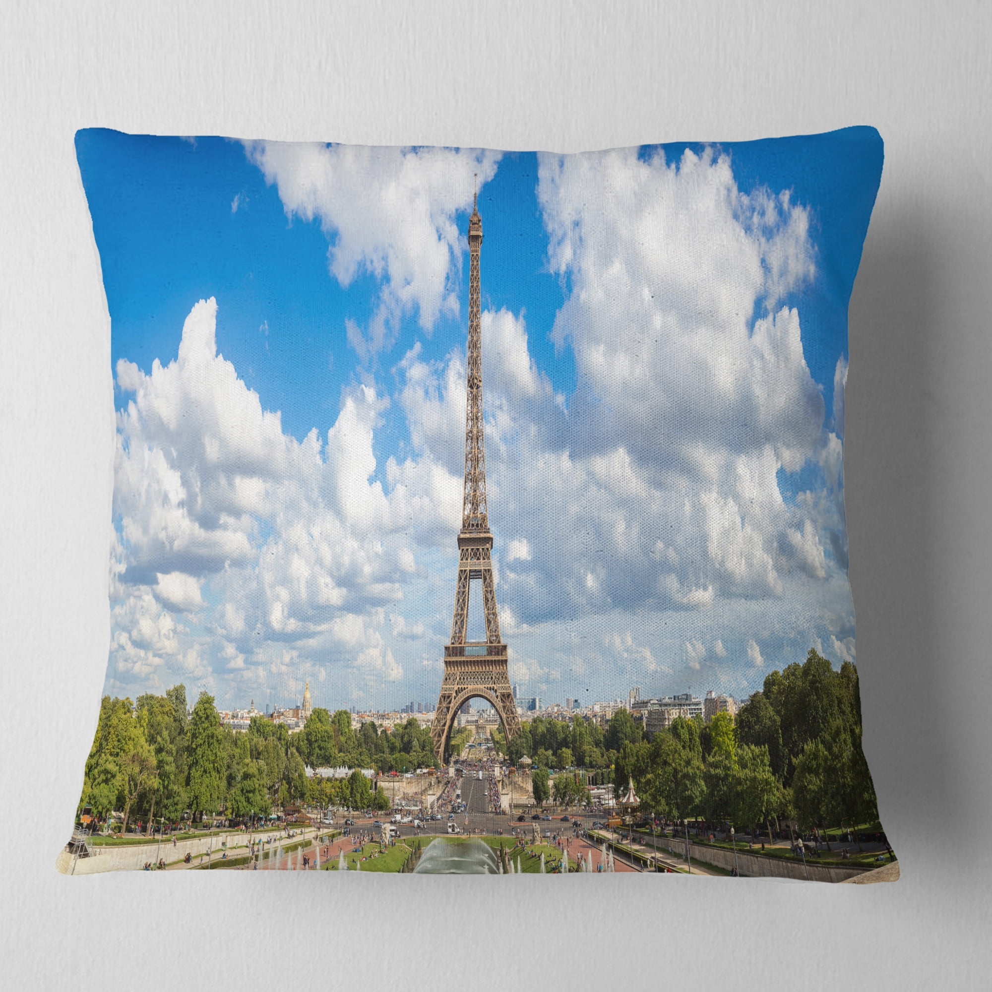 Designart Panoramic Paris Paris Eiffel Towerunder Clouds - Cityscape Throw Pillow - 16x16