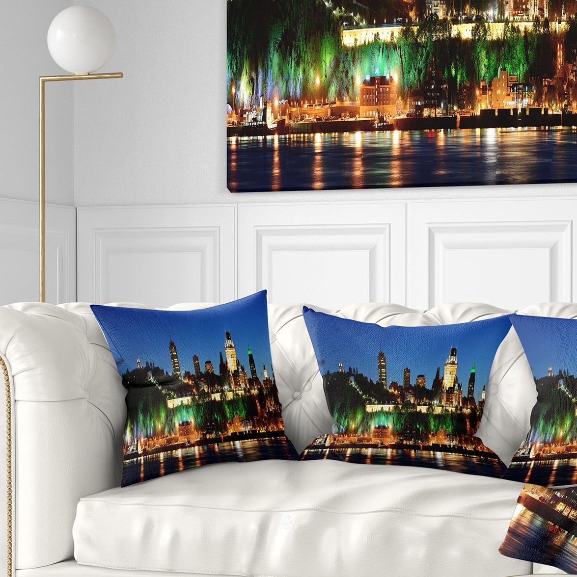 Designart Panoramic Quebec City at Night - Cityscape Photo Throw Pillow - 16x16