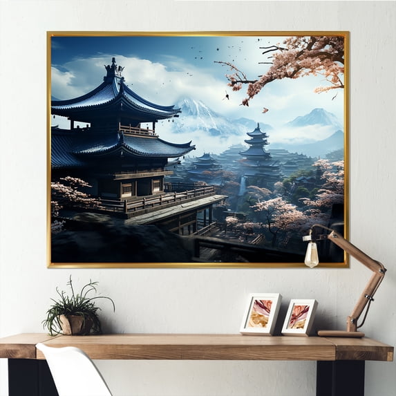 Designart "Panoramic Serenity at Japan Temple" Landscapes Framed Wall Art - Traditional Blue Japan Entryway Framed Wall Art