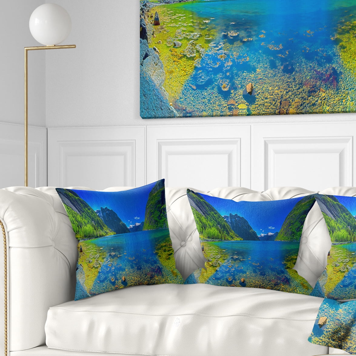 Designart Panoramic View of Norwegian Fjord - Landscape Printed Throw Pillow - 16x16