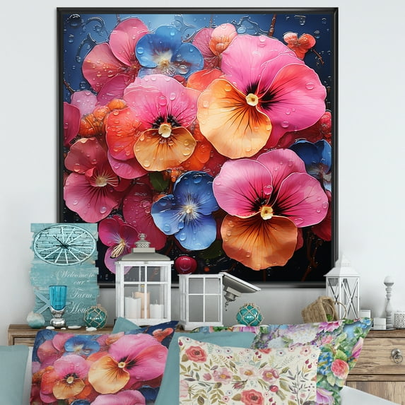 Designart "Pansies In A Neon Tropical Fantasy" Pansies Floater Framed Canvas Wall Art