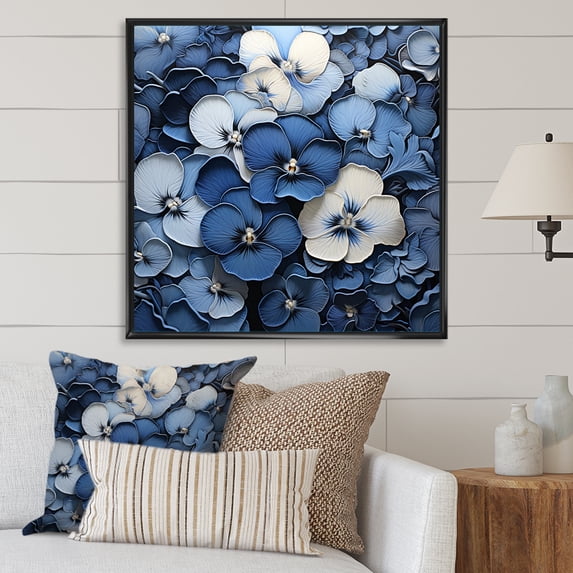 Designart "Pansies In Shades Of Blue And Grey I" Pansies Floater Framed Canvas Art Print