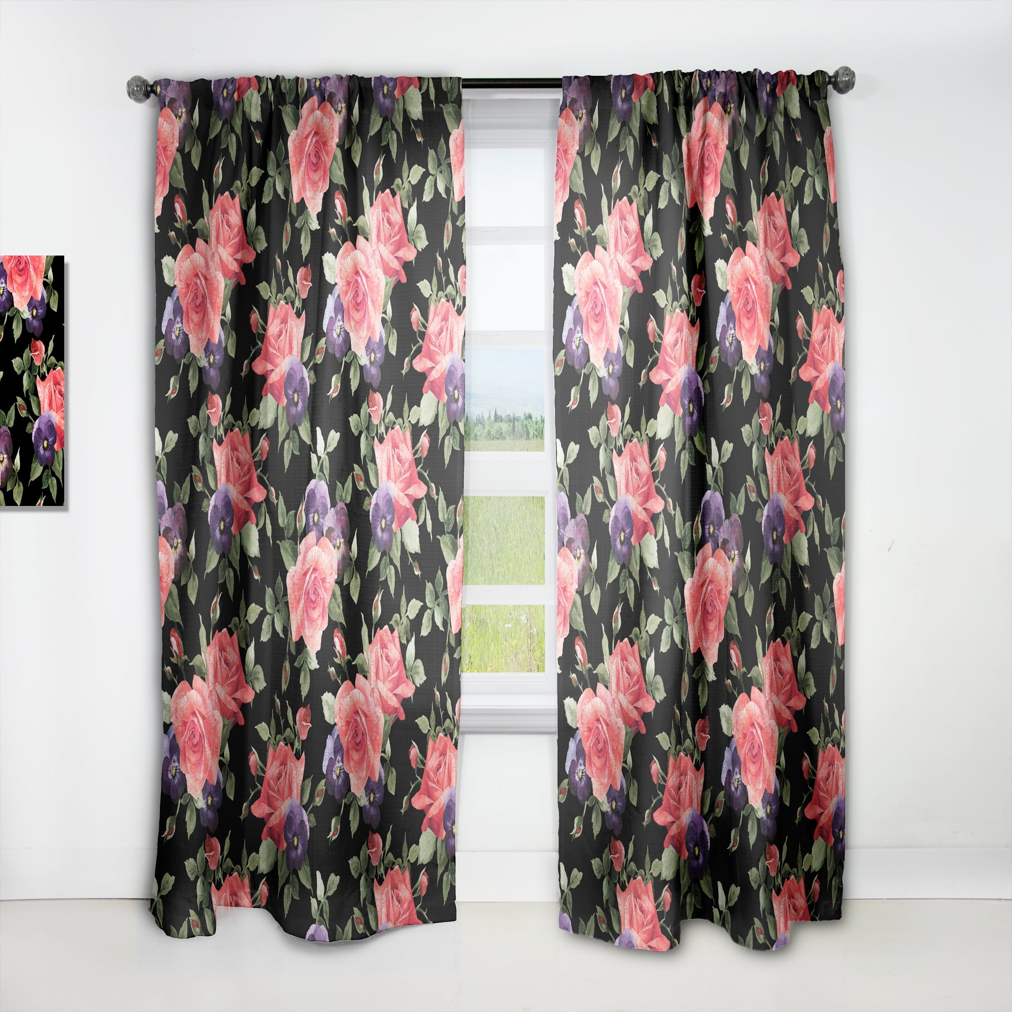 Designart 'Pansy Flowers Red Rose Patterns' Floral Curtain Panel