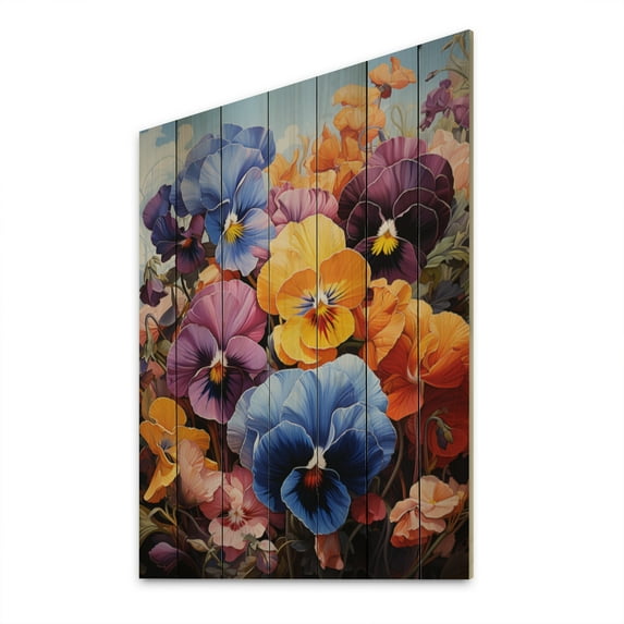 Designart "Pansy Paradise Colorful Pansies wall art" Floral Print on Natural Pine Wood