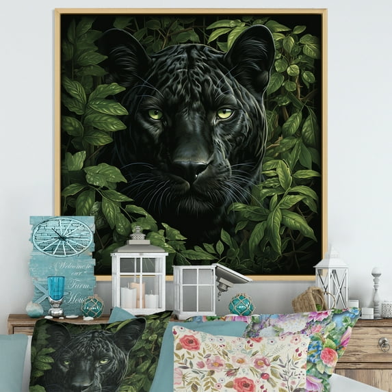 Designart "Panther Camouflage in Shadows" Animals Framed Wall Art - Traditional Green Panther Bedroom Framed Canvas Wall Art