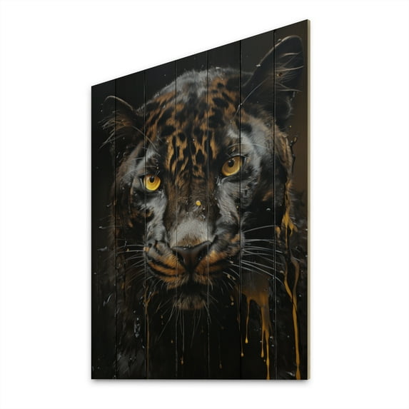 Designart "Panther Drips Ebony " Animals Print on Natural Pine Wood