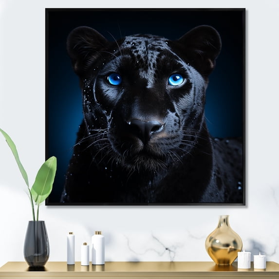 Designart "Panther Portrait in Blue and Black I" Animals Framed Wall Art - Traditional Black Panther Living Room Framed Canvas Art