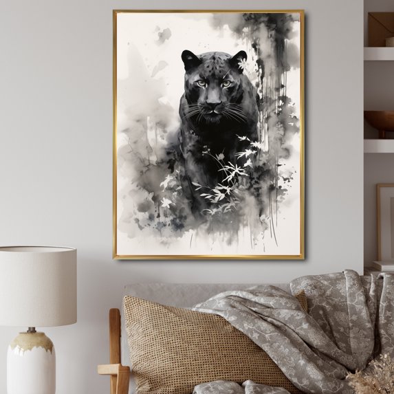 Designart "Panther Sumi Asian Painting III" Asian Floater Framed Canvas Wall Art