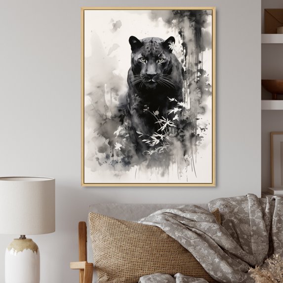 Designart "Panther Sumi Asian Painting III" Asian Floater Framed Canvas Wall Art