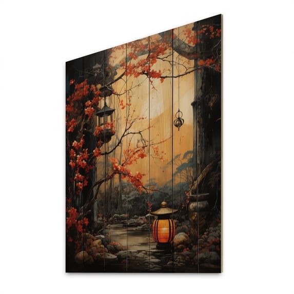 Designart "Paper Lantern Glow Japanese Festive Atmosphere III" Japanese Print on Natural Pine Wood