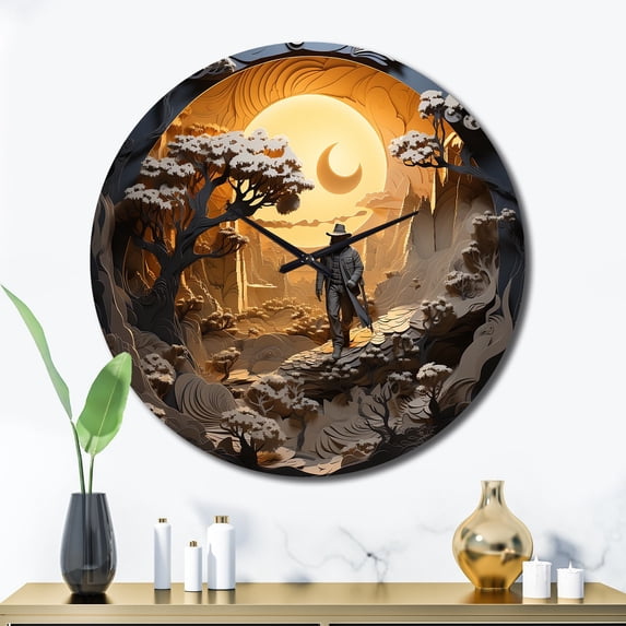 Designart "Papercut Depiction of a Lone Outlaw in the West II" Western Oversized Wall Clock