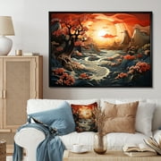 Designart "Papercut Dreams Tangerine Sunset" Landscapes Floater Framed Wall Art Living Room