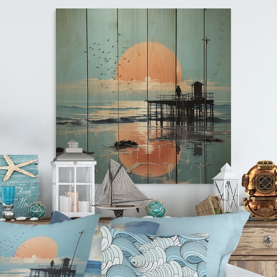 Designart "Papercut Pier Solitude II" Nautical & Beach Print on Natural Pine Wood