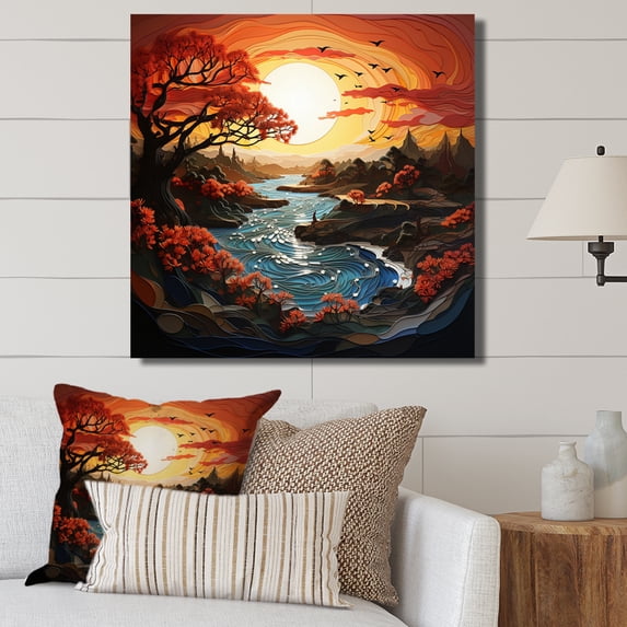Designart "Papercut Silence Orange Sunrise I" Landscapes Canvas Wall Art