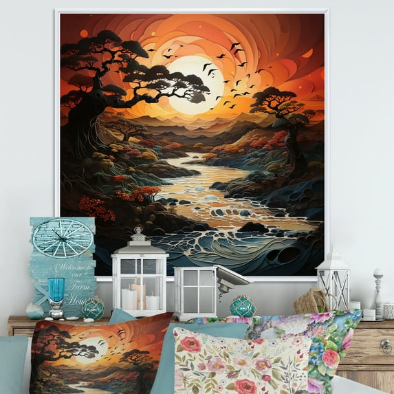 Designart "Papercut Silence Orange Sunrise II" Landscapes Floater Framed Wall Art Living Room