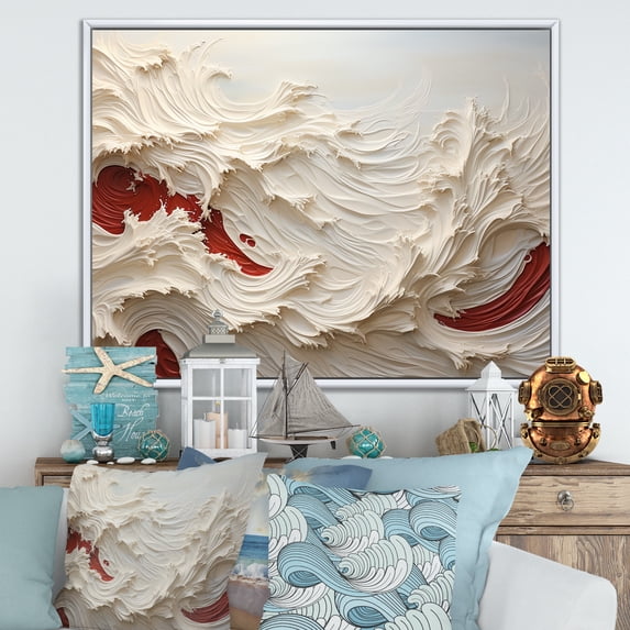 Designart "Papercut-Style Waves In White And Red" Coastal Waves Floater Framed Wall Decor