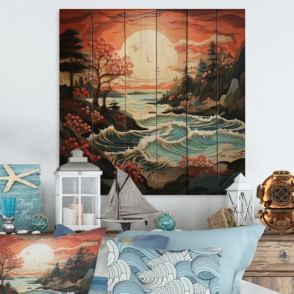 Designart "Papercut Wilderness by the Coast I" Nautical & Beach Print on Natural Pine Wood