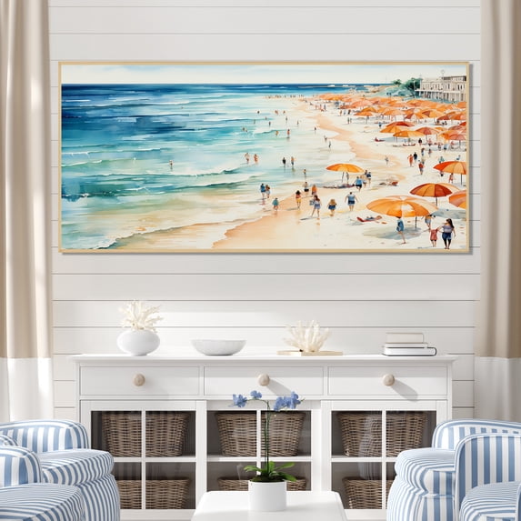 Designart "Parade of Umbrellas on Beach Day V" Oversized Beach Framed Wall Art - Coastal Blue Coastal Beach Sand Living Room Framed Canvas Art