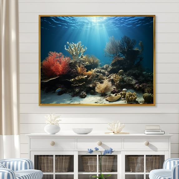 Designart "Paradise Beneath The Coral Waves" Coastal Coral Under Water Floater Framed Wall Art Living Room