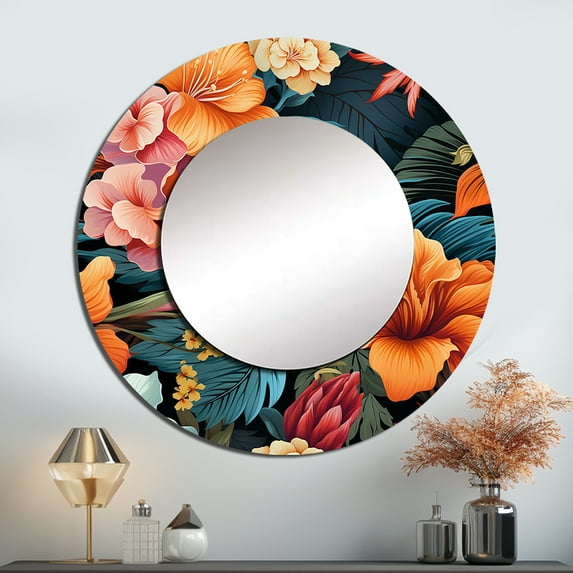 Designart "Paradise In The Tropics II" Floral Rund Mirror For Wall Decor - Large Multicolor Round Print Mirror - Round Cottage Mirror - Wall Mounted Round Large Mirror - 23" x 23"