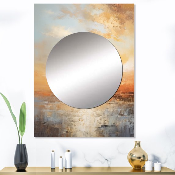 Designart "Paradise Of Beige And Golden Beach Sunset I" Coastal Sunset Mirror Wall Decor - Coastal Beige Coastal Large Mirror For Wall Art Decor - 40" x 30" Inch