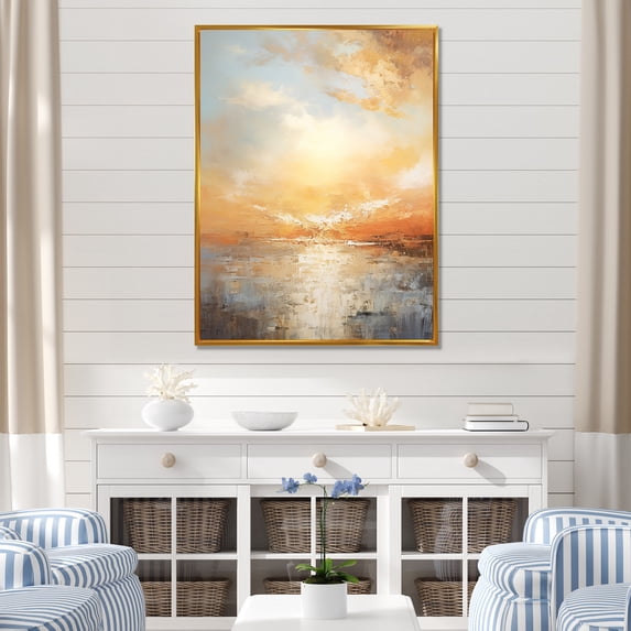 Designart "Paradise Of Beige And Golden Beach Sunset IV" Coastal Sunset Floater Framed Wall Art Prints
