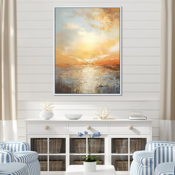 Designart "Paradise Of Beige And Golden Beach Sunset IV" Coastal Sunset Floater Framed Wall Art Prints