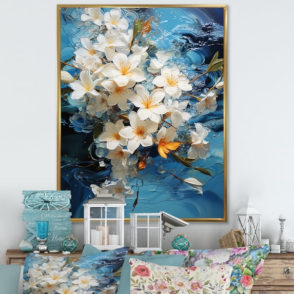 Designart "Paradise Of White And Yellow Blooming Plumeria I" Plumeria Floater Framed Canvas Art Print
